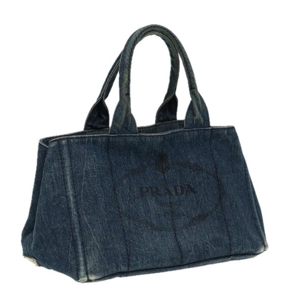 PRADA Canapa MM Hand Bag Denim Blue Auth - Picture 1 of 16